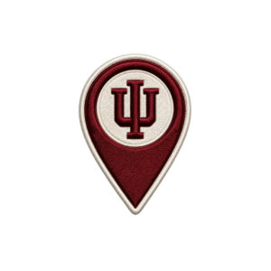 IU location pin embroidered patch with red map marker shape, cream center, monogram and stitched border