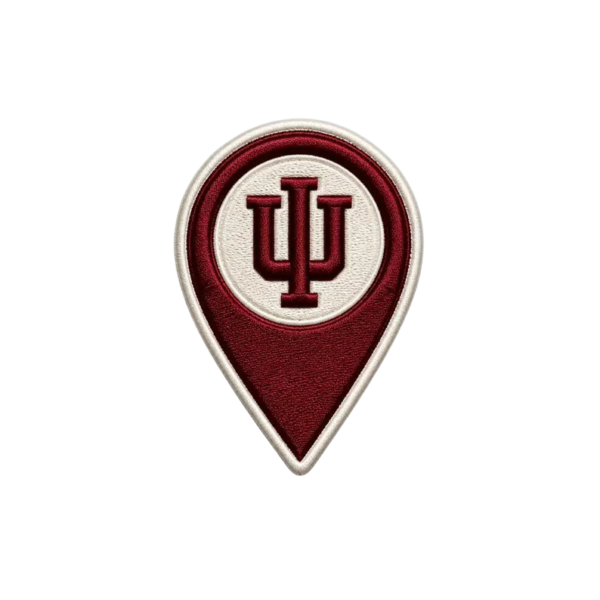 IU location pin embroidered patch with red map marker shape, cream center, monogram and stitched border