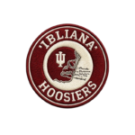 Hoosiers round embroidered patch with red and cream stitching, center monogram, profile artwork and circular border