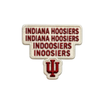 Indiana Hoosiers embroidered patch with repeated red lettering, cream background and red IU-style monogram at bottom