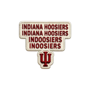 Indiana Hoosiers embroidered patch with repeated red lettering, cream background and red IU-style monogram at bottom
