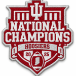 Hoosiers National Champions embroidered patch with IU monogram, 2025 football design and red white silver stitching