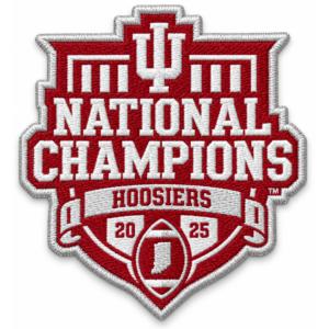Hoosiers National Champions embroidered patch with IU monogram, 2025 football design and red white silver stitching