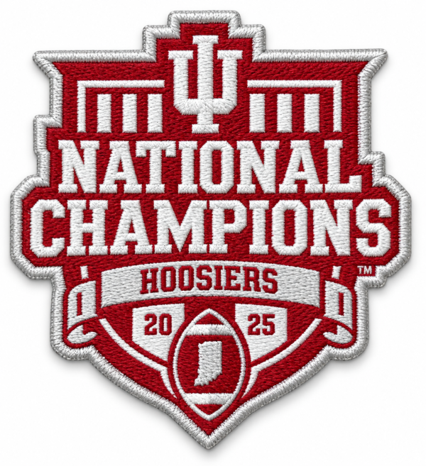 Hoosiers National Champions embroidered patch with IU monogram, 2025 football design and red white silver stitching