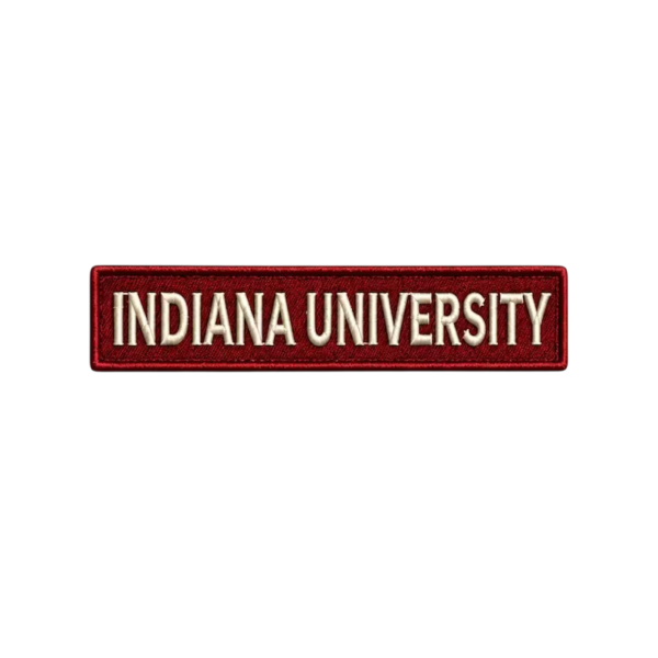 Indiana University embroidered patch with cream collegiate lettering on a deep red rectangular stitched background