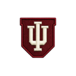 IU shield embroidered patch with deep red background, cream monogram and matching stitched shield border