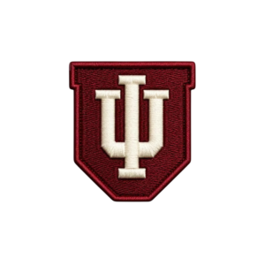 IU shield embroidered patch with deep red background, cream monogram and matching stitched shield border