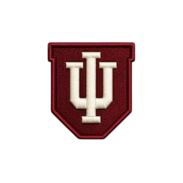 IU shield embroidered patch with deep red background, cream monogram and matching stitched shield border