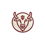 IU bull head embroidered patch with red mascot outline, cream background, forehead monogram and round stitched border