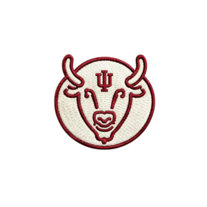 IU bull head embroidered patch with red mascot outline, cream background, forehead monogram and round stitched border
