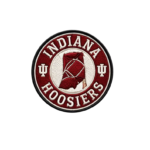 Indiana Hoosiers round embroidered patch with cream lettering, red center emblem, IU-style monograms and black border