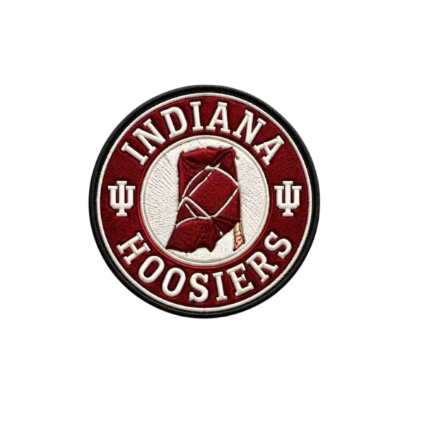 Indiana Hoosiers round embroidered patch with cream lettering, red center emblem, IU-style monograms and black border