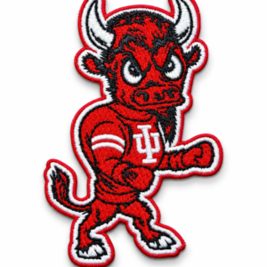 IU bull mascot embroidered patch in red football uniform holding a football with black white and red stitched details