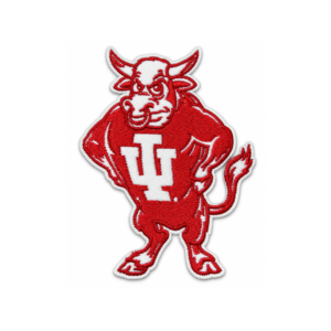 IU bull mascot embroidered patch with red standing bull, white monogram, curved horns and white stitched border