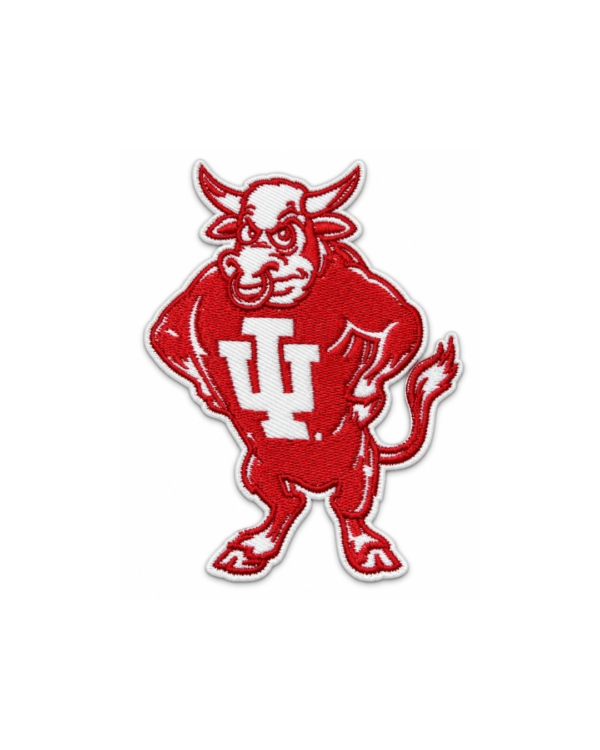 IU bull mascot embroidered patch with red standing bull, white monogram, curved horns and white stitched border