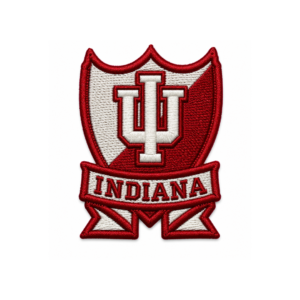 Indiana IU crest embroidered patch with red and cream shield, bold monogram and Indiana banner