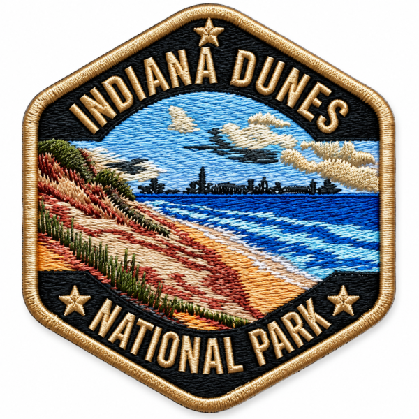 Indiana Dunes embroidered patch with scenic shoreline, sandy dunes, blue water, clouds and gold stitched border
