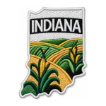 Indiana state embroidered patch with green cornfields, golden farmland, black Indiana lettering and white stitched border