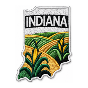 Indiana state embroidered patch with green cornfields, golden farmland, black Indiana lettering and white stitched border