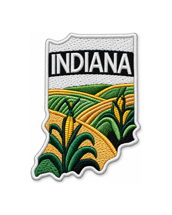 Indiana state embroidered patch with green cornfields, golden farmland, black Indiana lettering and white stitched border