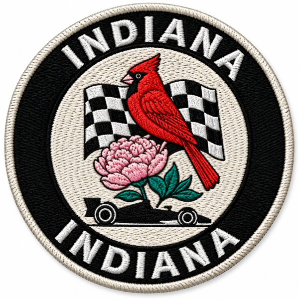 Indiana racing embroidered patch with red cardinal, pink flower, checkered flags, race car and circular stitched border