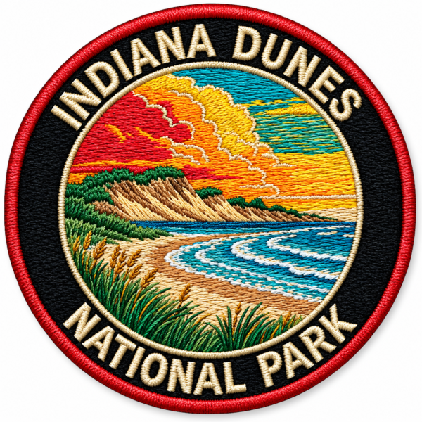 Indiana Dunes embroidered patch with beach, blue water, green dunes, colorful sunset and round red stitched border