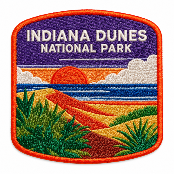 Indiana Dunes embroidered patch with orange sunset, blue lake, golden dunes, green plants and orange stitched border