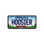 Indiana Hoosier embroidered patch with blue license plate design, navy lettering, green trees, red bridge and black border