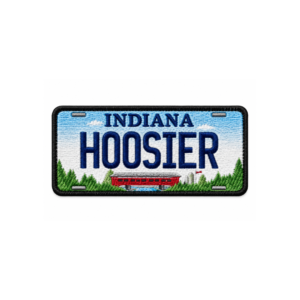 Indiana Hoosier embroidered patch with blue license plate design, navy lettering, green trees, red bridge and black border