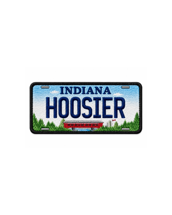 Indiana Hoosier embroidered patch with blue license plate design, navy lettering, green trees, red bridge and black border