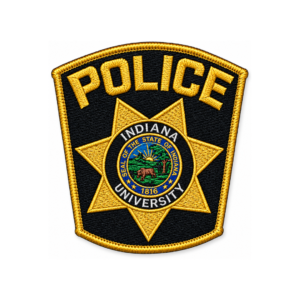 Indiana University Police embroidered patch with gold star badge, black background, university seal and gold border