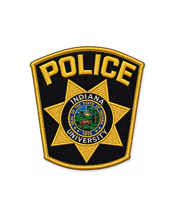 Indiana University Police embroidered patch with gold star badge, black background, university seal and gold border