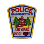 Indiana University of PA police embroidered patch with 125 Years text, campus building, trees, IUP lettering and gold blue border
