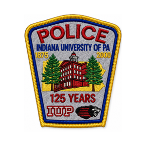 Indiana University of PA police embroidered patch with 125 Years text, campus building, trees, IUP lettering and gold blue border