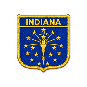 Shop an Indiana state embroidered patch with blue and gold torch and star detailing. Custom sizes and multiple backing options available.
