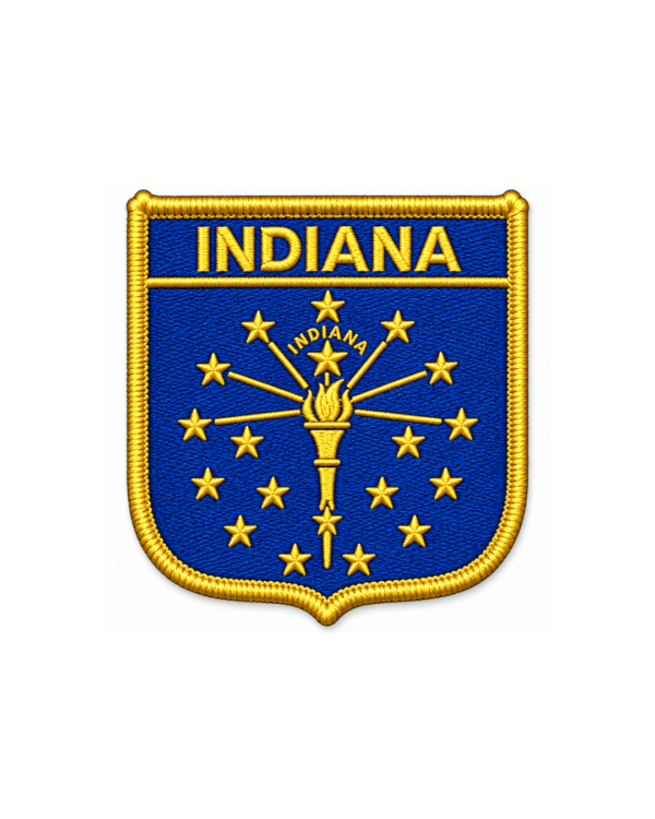 Shop an Indiana state embroidered patch with blue and gold torch and star detailing. Custom sizes and multiple backing options available.
