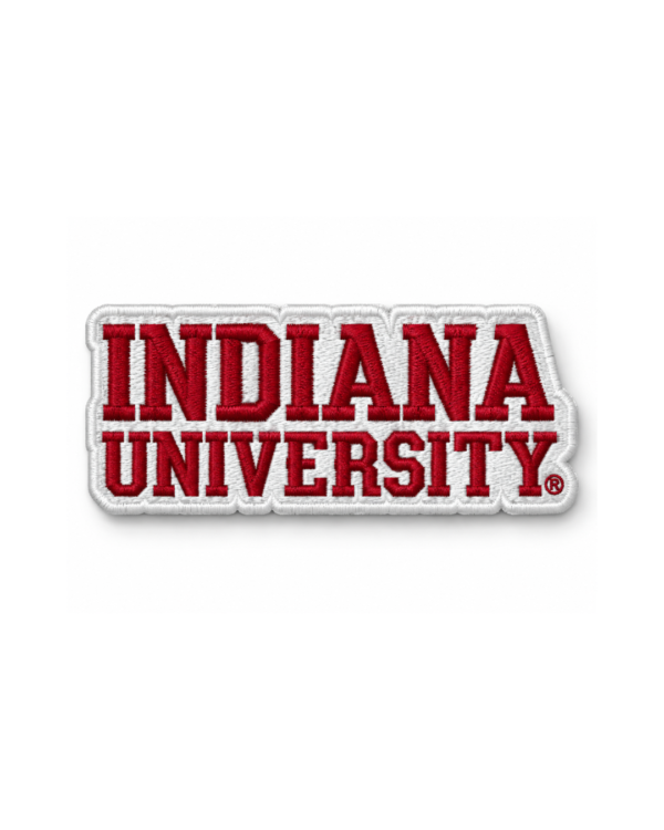 Indiana University embroidered patch with bold red lettering, white background and white stitched border