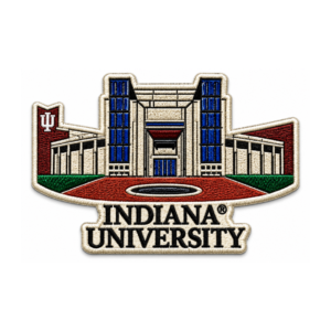 Indiana University embroidered patch with cream campus building, blue windows, red courtyard, green landscaping and IU detail