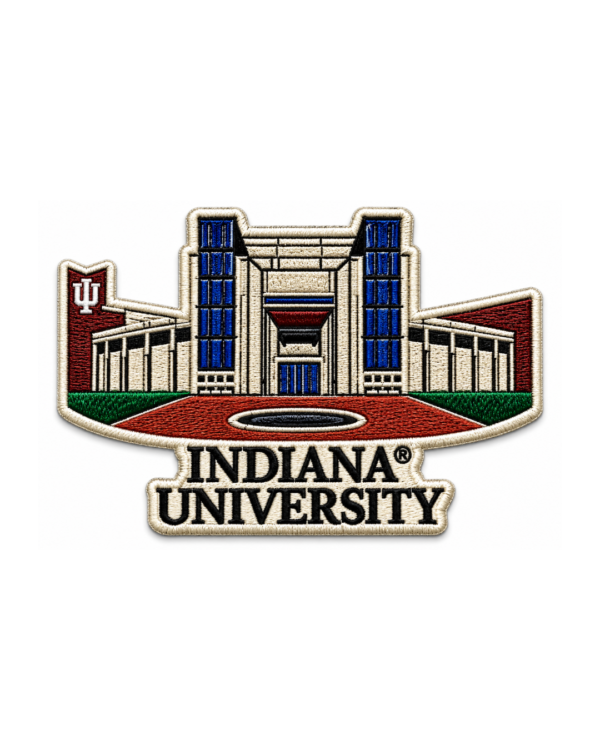 Indiana University embroidered patch with cream campus building, blue windows, red courtyard, green landscaping and IU detail