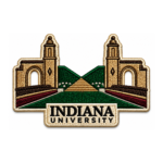 Indiana University embroidered patch with gold campus gates, green walkway, burgundy accents and black university lettering