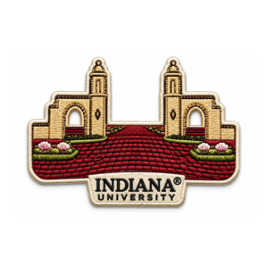 Indiana University embroidered patch with cream campus gates, red brick walkway, flowers and black university lettering