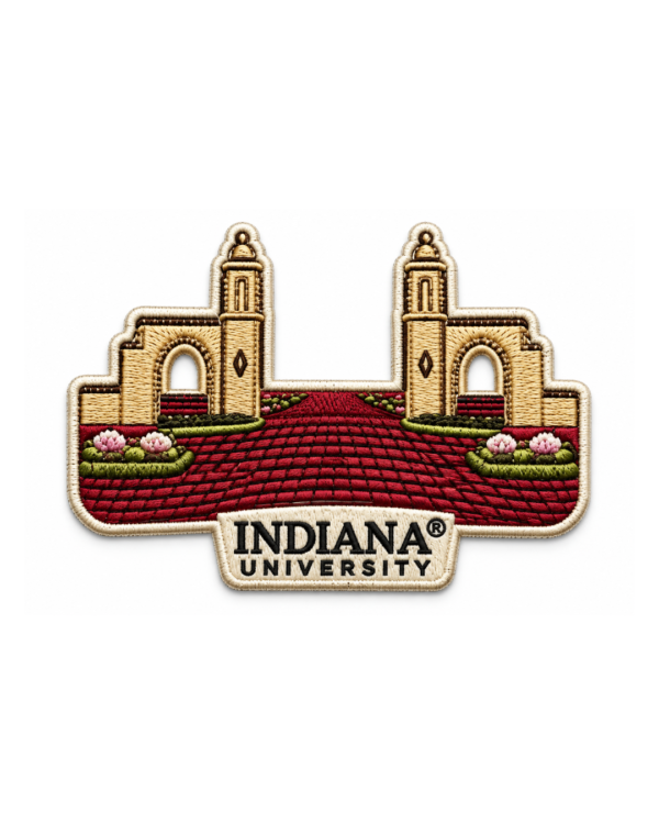 Indiana University embroidered patch with cream campus gates, red brick walkway, flowers and black university lettering