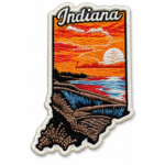 Indiana state embroidered patch with orange sunset, blue water, dark shoreline and cream stitched border