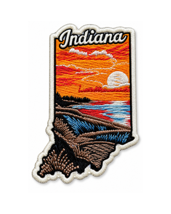 Indiana state embroidered patch with orange sunset, blue water, dark shoreline and cream stitched border
