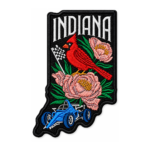 Indiana embroidered patch with red cardinal, pink flowers, checkered flag, blue race car and white Indiana lettering