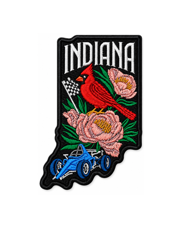 Indiana embroidered patch with red cardinal, pink flowers, checkered flag, blue race car and white Indiana lettering