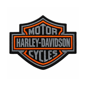 Harley-Davidson embroidered shield patch with black background, orange outlines and gray Motor Harley-Davidson Cycles lettering