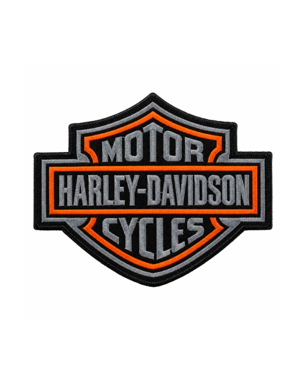 Harley-Davidson embroidered shield patch with black background, orange outlines and gray Motor Harley-Davidson Cycles lettering
