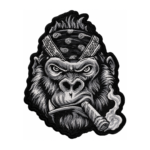Biker gorilla embroidered patch with black bandana, cigar, smoke details and black gray white stitched artwork