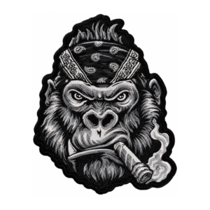 Biker gorilla embroidered patch with black bandana, cigar, smoke details and black gray white stitched artwork